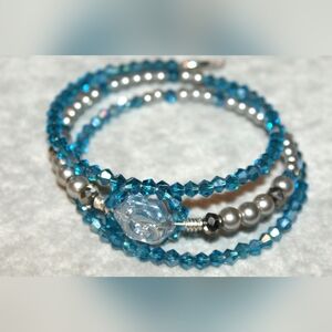 Blue glass flower triple wrap bracelet BM-25-004